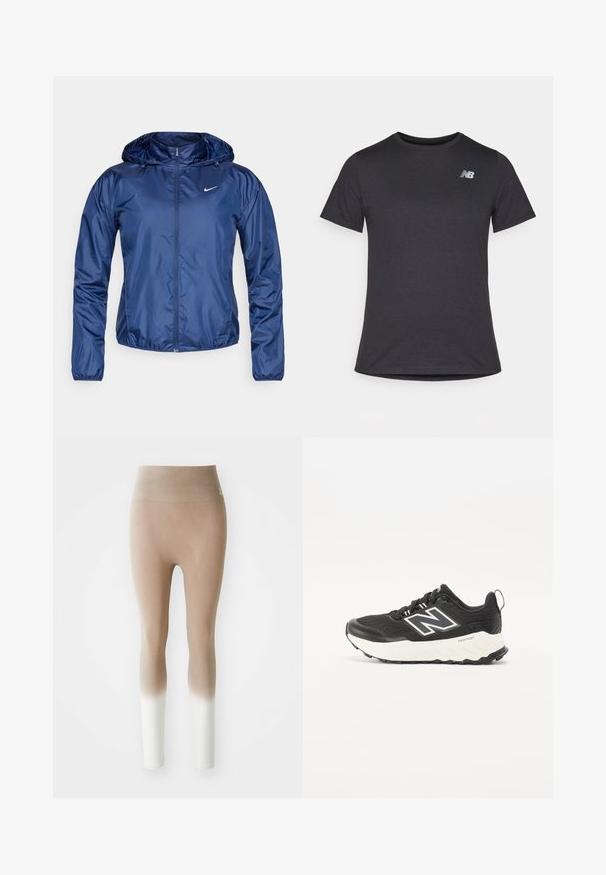 Tamsiai mėlyna vandeniui atspari striukė su kapišonu, užtrauktuku, elastiniais rankogaliais ir mažuoju baltu logotipu ant krūtinės. Lygi, blizgi tekstūra.; Juodas trumpomis rankovėmis marškinėliai, pagaminti iš minkštos medžiagos, su mažą pilką New Balance logotipą viršutiniame kairiajame krūtinės srityje, klasikinio apvalaus iškirpimo dizainas.; Bežinės iki baltos ombre bezsiūlės kelnės su aukštu liemeniu, išdėstytos ant paprastos baltos fono.; Juodos sportinės bateliai su tekstūruota audinio viršutine dalimi, kontrastinga balta tarpine ir ryškiai pilku logotipu šone. Guminis padas su sukibimu.