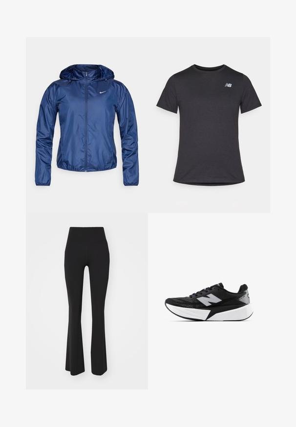 Chaqueta impermeable azul marino con capucha, cierre de cremallera, puños elásticos y un pequeño logo blanco en el pecho. Textura suave y brillante.; Camiseta negra de manga corta hecha de una tela suave, con un pequeño logotipo gris de New Balance en la parte superior izquierda del pecho, diseño clásico de cuello redondo.; P.E Nation PREVIEW - Pantalones deportivos - black; Zapatilla de running New Balance en blanco y negro con suela gruesa, parte superior de malla y logo "N" en el lateral, vista desde el lado exterior.