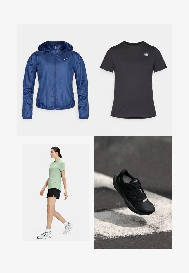 Laivansinis vedenkestävä takki hupulla, vetoketjullinen, joustavat hihansuut ja pieni valkoinen logo rinnassa. Sileä, kiiltävä pinta.; Musta lyhyt hiha t-paita, joka on valmistettu pehmeästä kankaasta. Paidassa on pieni harmaa New Balance -logo vasemmassa ylärinnassa ja klassinen pyöreä kaula-aukko.; On ESSENTIAL - Urheilushortsit - black; Musta juoksukenkä, jossa on teksturoitu yläosa, tyylikäs muotoilu ja heijastavat yksityiskohdat. Varustettu pehmeällä, vaimennettulla pohjalla mukavuutta varten.