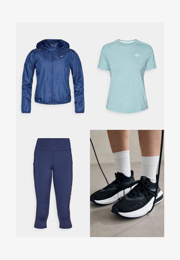 Tamnoplava vodootporna jakna s kapuljačom, rajsferšlus zatvaranjem, elastičnim manžetama i malim bijelim logotipom na prsima. Glatka, sjajna tekstura.; Svijetloplava majica kratkih rukava od mekanog materijala, s okruglim izrezom i malim bijelim logotipom na prsima. Prikazane su šavove.; Morske kapri tajice izrađene od rastezljivog materijala imaju bočne džepove i teksturirane cvjetne naglaske duž bokova. Glatki dizajn struka.; Crne atletske cipele s teksturiranim materijalom, bijelim potplatima i crnim vezicama. Nosene s bijelim rebrastim čarapama, stojeći na svijetloj površini.