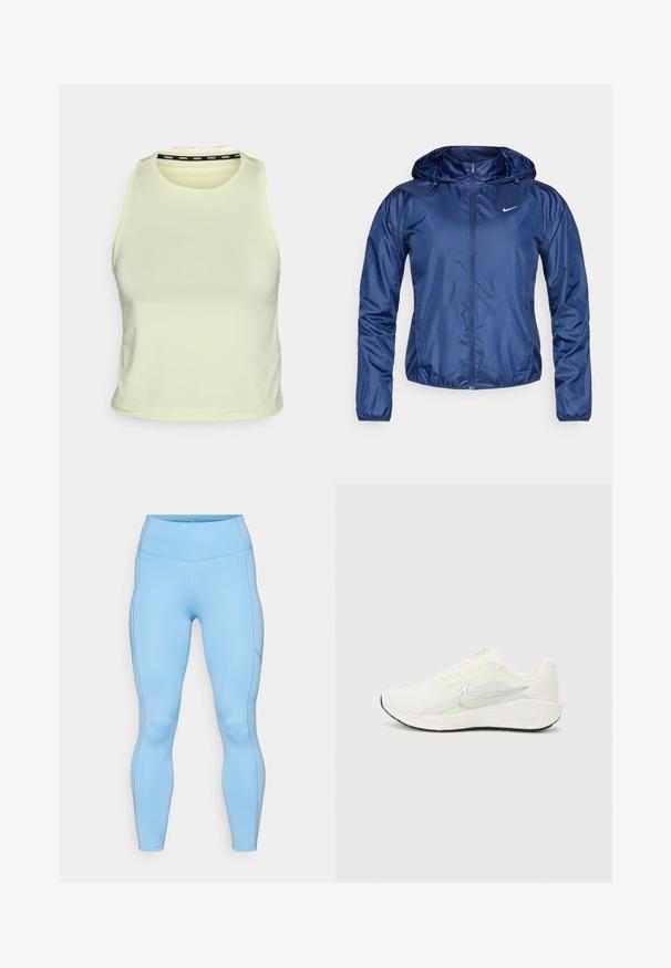 Navy blue waterproof jacket with a hood, zip closure, elastic cuffs, and a small white logo on the chest. Smooth, shiny texture.; Light yellow sleeveless crop top, made from soft material. Features a round neck and black branded accent on the inner collar.; Light blue leggings made of stretchy fabric. Features a high waistband, smooth texture, and curved seams along the legs.; Nike Performance DOWNSHIFTER 13 - Road running shoes - sail/silver-coloured photon dust/summit white/barely volt/black