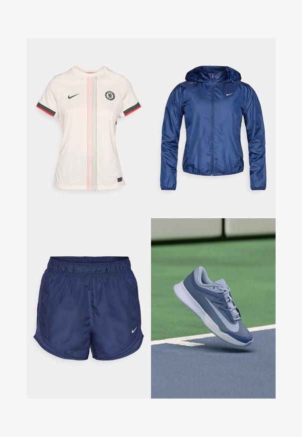 Veste imperméable bleu marine avec capuche, fermeture éclair, poignets élastiques et un petit logo blanc sur la poitrine. Texture lisse et brillante.; Maillot de foot crème clair avec col rond, manches courtes, logo de Chelsea FC, accents de couleur verte et rouge, et détails à motifs verticaux.; Shorts de sport navy avec une taille élastique et des panneaux en mesh sur les côtés. Présente un petit logo Nike blanc en bas à gauche.; Basket en toile bleu clair et marine, dotée d'une tige texturée, de lacets plats et d'une semelle blanche légère. Élevée au-dessus d'une surface de terrain.