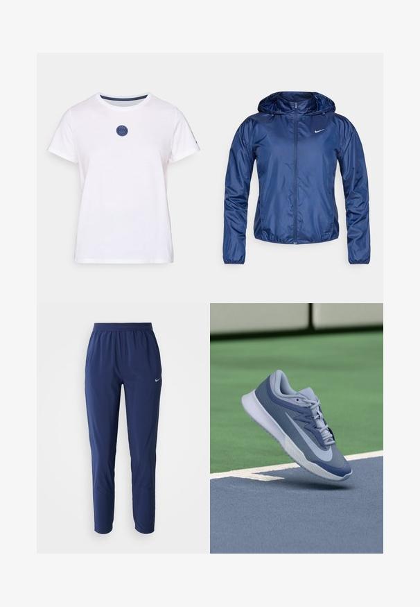 Tamnoplava vodootporna jakna s kapuljačom, rajsferšlus zatvaranjem, elastičnim manžetama i malim bijelim logotipom na prsima. Glatka, sjajna tekstura.; Bijela pamučna majica s kratkim rukavima, s okruglim izrezom i plavim kružnim dizajnom loga na prsima. Glatka tekstura.; Tamno plave atletske hlače s elastičnim strukom, sužene nogavice, izrađene od lagane tkanine, s malim srebrnim logotipom na kuku.; Sportske tenisice u svijetloplavoj i tamnoplavoj boji, s teksturiranim gornjim dijelom, ravnim vezicama i laganim bijelim potplatom. Iznad su povišene u odnosu na teren.