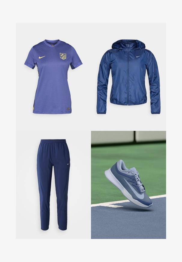 Navy blue waterproof jacket with a hood, zip closure, elastic cuffs, and a small white logo on the chest. Smooth, shiny texture.; Purple football jersey with a V-neck, short sleeves, featuring a yellow Nike logo and a multi-striped team badge on the chest.; Navy blue athletic pants with an elastic waistband, tapered legs, made from a lightweight fabric, featuring a small silver logo on the hip.; Sport sneaker in light blue and navy, featuring a textured upper, flat laces, and a lightweight white sole. Elevated above a court surface.