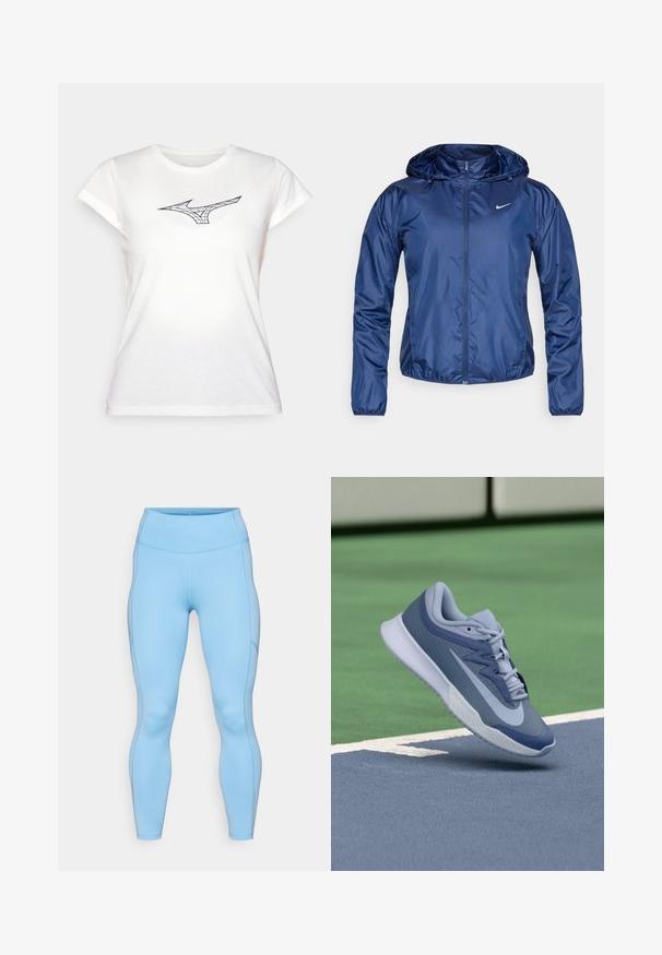 Tumed sinine veekindel jakk, millel on kapuuts, lukuga sulgemine, elastsed mansetid ja väike valge logo rinnal. Sile, läikiv tekstuur.; Valge puuvillane T-särk lühikeste varrukatega, millel on must joonkunstitaoline kujundus rinnal. Klassikaline ümmargune kaelus, pehme tekstuur.; Heledad sinised leggingid, mis on valmistatud venivast kangast. Omavad kõrget vööd, siledat tekstuuri ja kaarjad õmblused piki jalgu.; Spordijalatsid helesinises ja tumesinises värvitoonis, millel on tekstuuriga pealis, lame nööridega ja kerge valge tallaga. Üles tõstetud väljakupinna kohal.