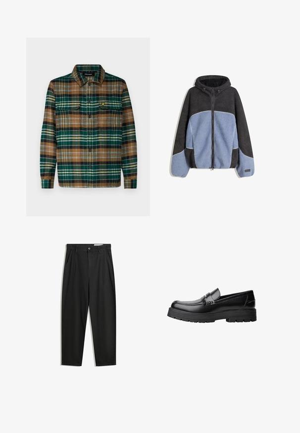 Giacca con cappuccio in fleece con pannelli neri e azzurri chiari, texture contrastanti, chiusura frontale con zip e coulisse sul cappuccio.; Camicia di flanella a quadri verde, marrone e nera con abbottonatura frontale, due tasche sul petto e un piccolo logo ricamato sulla tasca sinistra.; Pantaloni in cotone neri con una vestibilità rilassata, dotati di una vita classica, pieghe frontali e tasche laterali. Tessuto liscio senza fantasie.; Mocassino in pelle nera con suola spessa e tassellata e fascia decorativa sulla parte superiore, mostrato in profilo sinistro su sfondo bianco.