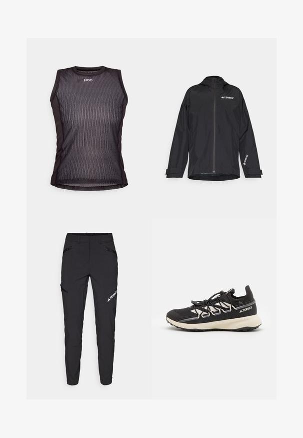 Chaqueta impermeable negra con cierre frontal, capucha y puños ajustables. Presenta acentos de logo en blanco y un forro interior texturizado.; Camiseta deportiva sin mangas negra con un diseño de malla, que presenta un escote redondeado y el logotipo de POC. La tela parece ligera y transpirable.; Los pantalones negros de exterior presentan un ajuste slim, bolsillos con cremallera, rodillas reforzadas y un logo en el lado izquierdo. Están hechos de un tejido duradero y ligero.; Zapato deportivo negro con parte superior texturizada, acentos blancos en contraste, suela moldeada y cordones elásticos. Presenta un logo impreso en el talón.