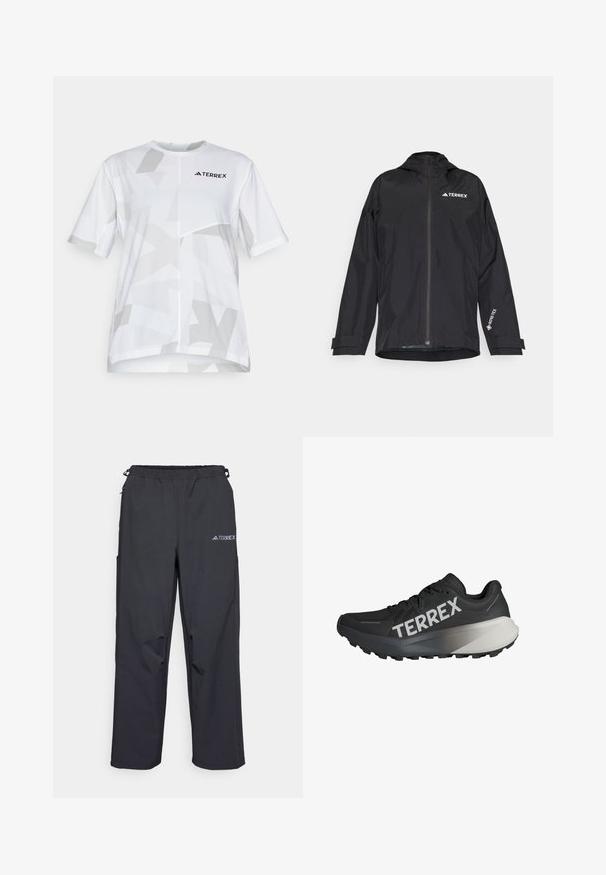 Chaqueta impermeable negra con cierre frontal, capucha y puños ajustables. Presenta acentos de logo en blanco y un forro interior texturizado.; Camisa blanca de manga corta con un patrón geométrico gris y un cuello redondo. Logo en el pecho. Material ligero adecuado para ropa deportiva.; Pantalones outdoor ligeros y negros con cintura elástica, bolsillos laterales y un logo en la parte superior de la pierna derecha. Tejido liso y resistente al agua.; Zapatilla de correr negra con parte superior texturizada, destacado logo "TERREX" en blanco, diseño de suela cónica y un acento en degradado gris en el talón.