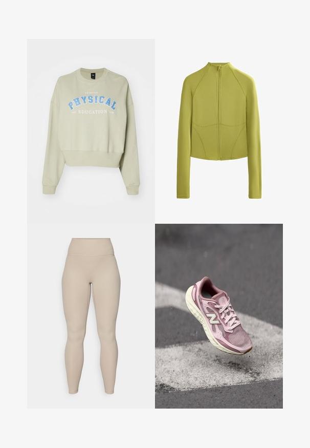 Light green cropped jacket with long sleeves, high collar, and front zip closure. Features seam detailing for a fitted look.; Cropped sweatshirt in soft, light green cotton with blue "PHYSICAL EDUCATION" print. Features ribbed cuffs and crew neck.; Beige high-waisted leggings with a ribbed texture, featuring a smooth waistband and fitted legs, designed for comfort and flexibility.; Light pink running shoe with a mesh upper, white accents, and a cushioned sole, featuring a streamlined design and textured finish.