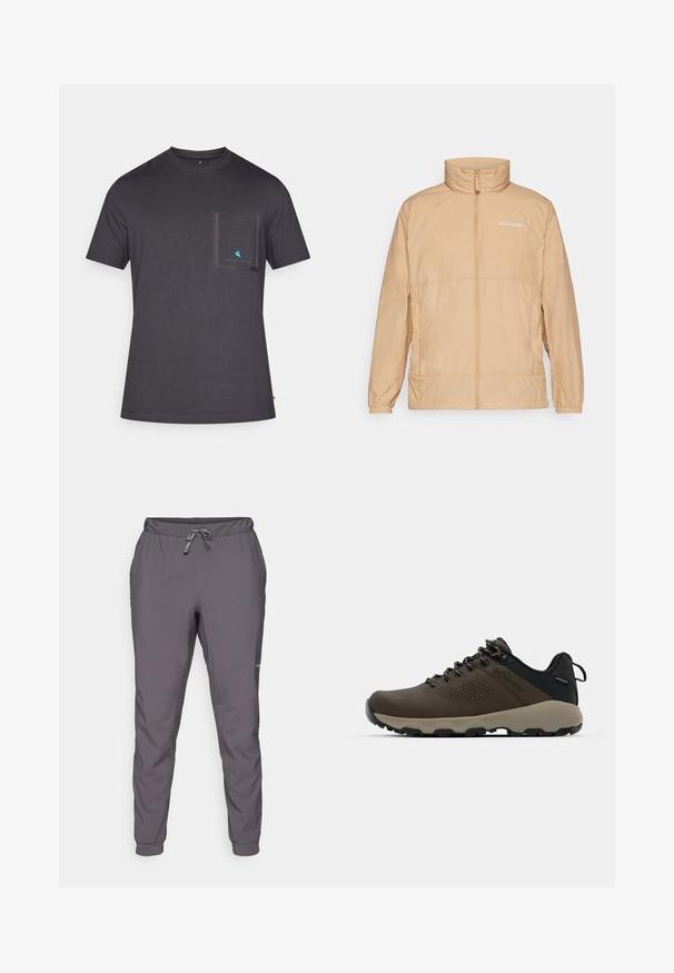 Světlé béžové oteplovací sako s vysokým límcem a předním zipem. Obsahuje decentní logo Columbia a elastické manžety. Hladká textury.; Tmavě šedé tričko s kulatým výstřihem vyrobené z měkké tkaniny, s malou náprsní kapsou orámovanou tmavším šedým lemem a malým modrým logem na kapse.; Šedé, lehké kalhoty s elastickým pasem a nastavitelnou šňůrkou; zúžené nohavice; hladká textura; obsahují detail s logem na boku.; Hnědé nepromokavé sneakers s texturovaným svrškem, perforovanými detaily, černým oporou paty a šedou gumovou podrážkou. Šňůrky mají kovové konce.