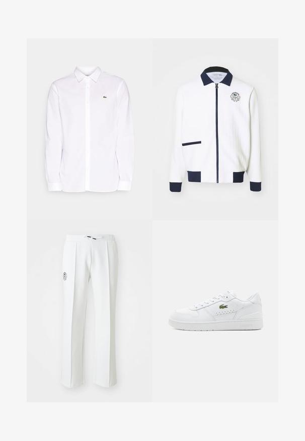 Balta zip-up striukė su tamsiai mėlynu apykakle, tamsiai mėlynomis detalėmis ir teniso klubo logotipu ant krūtinės. Savybė - mažas priekinis kišenė. Tekstūruota medžiaga.; Balta medvilninė ilgomis rankovėmis palaidinė su mygtukų apykakle, žalia siuvinėta logotipo vole kairėje krūtinės pusėje ir tiesiomis rankogaliais.; Baldai balti sijonai su tiesiu kirpimu, pagaminti iš švelnios medžiagos, su raišteliu liemenyje ir logotipo siuvinėjimu kairėje pusėje.; Baltos odinės sportbačiai su perforuotais akcentais, plokščiais raišteliais ir mažu žaliu logotipu šone. Guminis padas ir paminkštintas apykaklė komfortui.