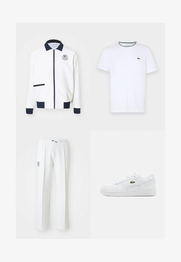 Vit zip-up jacka med marinblå krage, marinblå detaljer och en tennisklubb-logotyp på bröstet. Har en liten framficka. Strukturerad tyg.; Vit bomullskortärmad T-shirt med ribbad krage som har gröna och svarta ränder; liten grön broderad logotyp på vänster bröst.; Vita byxor med rak skärning, tillverkade av mjukt material, med en dragsko i midjan och en logotypbrodering på vänster sida.; Vita lädersneakers med perforerade detaljer, platta snören och en liten grön logga på sidan. Gummisula och vadderad krage för komfort.