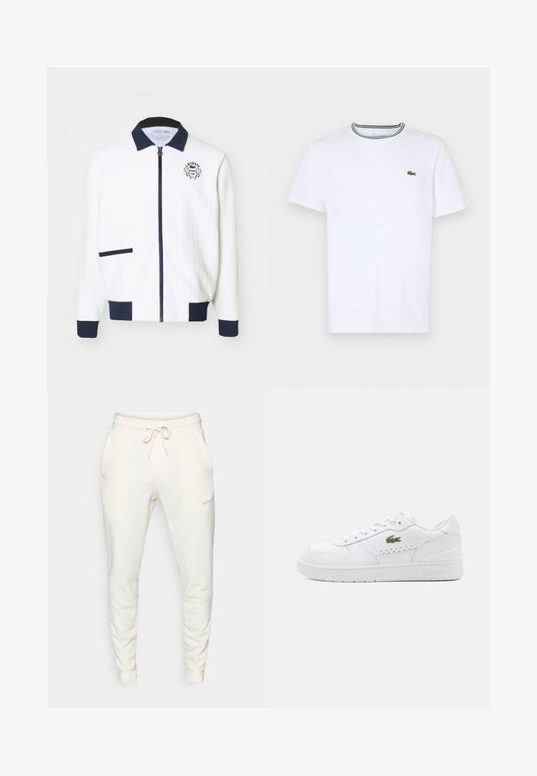 Weißes Zip-Top mit navyfarbenem Kragen, navyfarbenen Akzenten und einem Tennisclub-Logo auf der Brust. Verfügt über eine kleine Vorderasche. Strukturiertes Gewebe.; Weißes Baumwoll-T-Shirt mit kurzen Ärmeln und geripptem Kragen, der grüne und schwarze Streifen hat; kleines grünes gesticktes Logo auf der linken Brust.; Weiße Sweatpants aus weichem Material, mit einem elastischen Bund und Kordelzug, Seitentaschen und gerippten Bündchen.; Weiße Leder-Sneaker mit perforierten Akzenten, flachen Schnürsenkeln und einem kleinen grünen Logo an der Seite. Gummisohle und gepolsterter Kragen für Komfort.