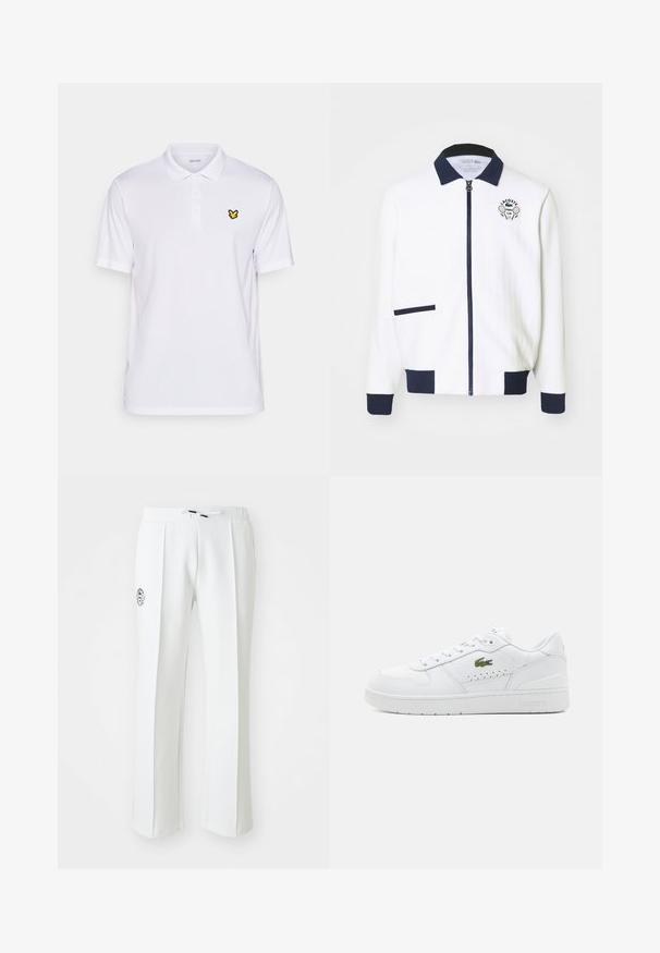 Bílá zipová bunda s námořnickým límcem, námořnickými akcenty a logem tenisového klubu na hrudi. Obsahuje malou přední kapsu. Texturovaná tkanina.; Bílá polo triko s krátkým rukávem, klasického límce, s malým žlutým logem motýla na levé hrudi. Vyrobeno z hladkého materiálu.; Bílé kalhoty se rovnýma nohavicema, vyrobené z měkkého materiálu, s elastickým pasem na šnůrku a výšivkou loga na levé straně.; Bílé kožené tenisky s perforovanými detaily, plochými tkaničkami a malým zeleným logem na boku. Gumová podrážka a polstrovaný límec pro pohodlí.