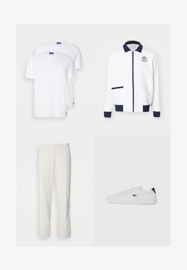 Baltas zip-up jaka ar tumši zilu apkakli, tumši zilām akcentēm un tenisa kluba logotipu uz krūšu. Iespējo maza priekšējā kabata. Rūpīgi teksturēts audums.; Divi vienkārši balti T-krekli, kas izgatavoti no kokvilnas, ar īsām piedurknēm un apaļām izgriezumiem, uz kuriem ir zils logo tagi netālu no apakšējās malas.; Lacoste Treniņtērpa apakšdaļas - hammam; Baltas ādas sporta apavu modelis ar noapaļotu purngalu, sasienamu priekšpusi un melnu papēža akcentu. Satur nelielu izšūtu krokodila logo sānos.