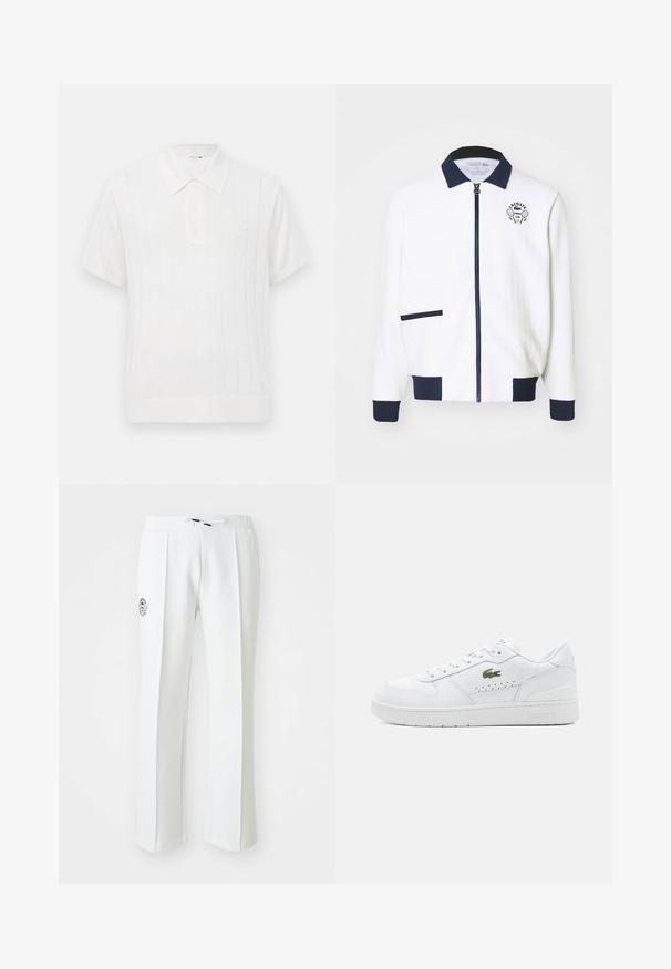 Fehér zipzáras dzseki tengerészkék gallérral, tengerészkék részletekkel és a mellkason egy teniszklub logóval. Kis elülső zsebbel rendelkezik. Textúrált anyag.; Fehér kötött pólóing rövid ujjakkal, finoman bordázott textúrával, három gombos záródással és egy kis logóval a mellkason.; Fehér, egyenes szabású nadrág, puha anyagból, húzózsinórral ellátott derékrésszel és bal oldalon logóhímzéssel.; Fehér bőr sportcipők perforált részletekkel, lapos fűzőkkel, és egy kis zöld logóval az oldalon. Gumitalp és párnázott gallér a kényelem érdekében.