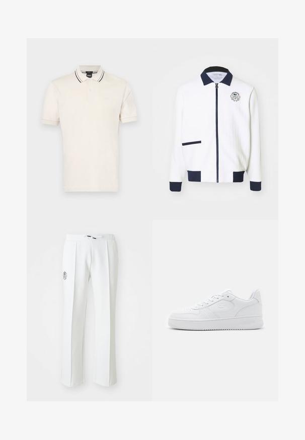 Valge jakik, millel on sinine krae, sinised aktsendid ja teniseklubi logo rinnal. Omab väikest esikotti. Tekstureeritud kangas.; Heledbežist puuvillane polo-särk, kahekohaline nööbistamine, ribakrae mustade ja valgete triipudega ning diskreetne brändimine rinnal.; Valged sirge lõikega püksid, millel on pehme materjal, paelaga vöökoht ja logo tikand vasakul küljel.; Valge nahast tenniseking, millel on perforatsioonidega varvas, lame paelad ja pehmendusega krae. Omab sissepressitud logo küljel ja tekstuurset kummist talda.