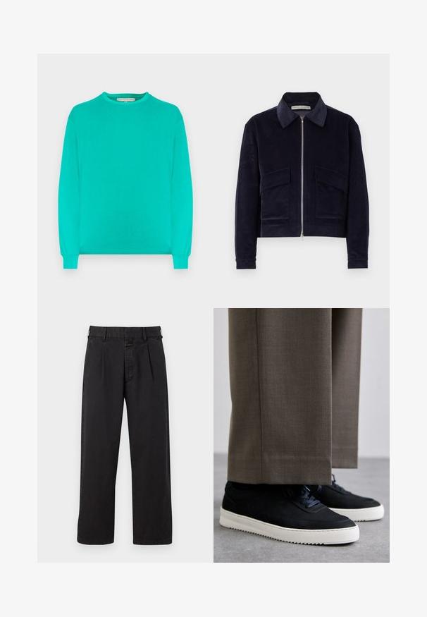 Marine kordfløyelsjakke med glidelås, klassisk krage, to frontlommer og kort design. Teksturert stoff med brede ribber.; Langermet skjorte i klar turkis, laget av mykt stoff. Har rund hals og tettsittende mansjetter. Enkel, uutsmykket design.; Svarte bomulls bukser med rett snitt, med plisserte detaljer foran, beltehemper og knappelukking. Glatt tekstur uten mønstre.; Svarte suedeglans sneakers med hvite gummisåler, med rund tå og lisser, iført grå skreddersydde bukser.