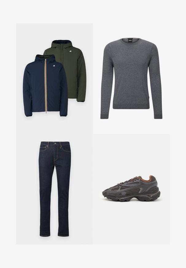 Δύο φουσκωτά μπουφάν: ένα θαλασσί με φερμουάρ και κίτρινη λεπτομέρεια, και ένα ελαιόχρωμο, και τα δύο με κουκούλες και ελαστικές μανσέτες.; Γκρι φανέλα με στρογγυλή λαιμόκοψη φτιαγμένη από μαλακό πλεκτό ύφασμα. Διαθέτει μακριά μανίκια, ριμπ μανσέτες και στρίφωμα, καθώς και μια μικρή ετικέτα λογότυπου στο πλάι.; Σκούρο μπλε τζιν παντελόνι με ίσια γραμμή, διαθέτει πορτοκαλί ραφές, κούμπωμα με κουμπί και μπροστινές τσέπες. Λείος υφάσματος, χωρίς ορατά σχέδια.; Αθλητικά παπούτσια Lacoste σε σκούρο γκρι χρώμα, κατασκευασμένα από διχτυωτό και συνθετικό υλικό, με ελαστική σόλα και καφέ λεπτομέρειες στον γιακά και στο branding.