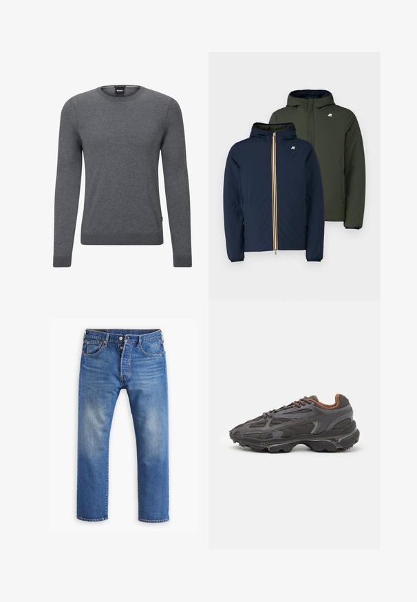 Zwei Daunenjacken: eine navyblaue mit Reißverschluss und gelben Akzenten sowie eine olivgrüne, beide mit Kapuzen und elastischen Bündchen.; Grau gestrickter Rundhalspulli aus weichem Strickstoff. Er verfügt über lange Ärmel, gerippte Bündchen und Saum sowie ein kleines Logotag an der Seite.; Blaue Denim-Jeans im geraden Schnitt, mit sichtbarem Verblassen, Knopf- und Reißverschluss, fünf Taschen und orangefarbenen Nähaccenten.; Lacoste Sneaker in Dunkelgrau aus Mesh und Synthetikmaterial, mit einer strukturierten Sohle und braunen Akzenten am Kragen und Logo.
