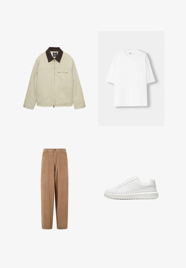 Bež jakna s tamno smešnim ovratnikom, prednjim patentnim zatvaračem, preklopnim džepom na prsima i dva donja prednja zakrčena džepa, dugi rukavi s dugmetima na manžetama.; Bijela kratkodlana majica s kratkim rukavima, izrađena od pamuka, s okruglim izrezom i opuštenim krojem. Gladak materijal, bez vidljivih uzoraka ili akcenta.; Pantalone od kordura svijetlosmeđe boje sa ravnim krojem, s kopčanjem na gumb i bočnim džepovima, teksturirana rebrasta površina.; Bijela tenisica s glatkim sintetičkim gornjim dijelom, okruglim vrhom, ravnim vezicama, teksturiranim potplatom i složenim, platformastim dizajnom za dodatnu visinu.