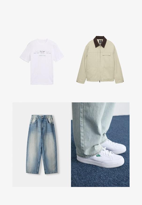 Beige Jacke mit dunkelbraunem Kragen, Reißverschluss an der Vorderseite, Klappenbrusttasche und zwei aufgesetzten Fronttaschen, langen Ärmeln mit Druckknopfmanschetten.; Weißes Baumwoll-T-Shirt mit kurzen Ärmeln. Auf der Vorderseite sind blaue Texte zu sehen: "Sky Squad", "Tom Tailor" und "Since 1962", sowie verschiedene Designs.; Helle blaue Jeans aus Denim mit lockerer Passform, geradem Bein, vorderen Taschen und einem Knopfverschluss an der Taille.; Weiße Leder-Sneaker mit grünem Nike-Logo, runde Zehenpartie, flache Sohle, kombiniert mit hellblauen Jeans, präsentiert auf einem blauen Teppich.