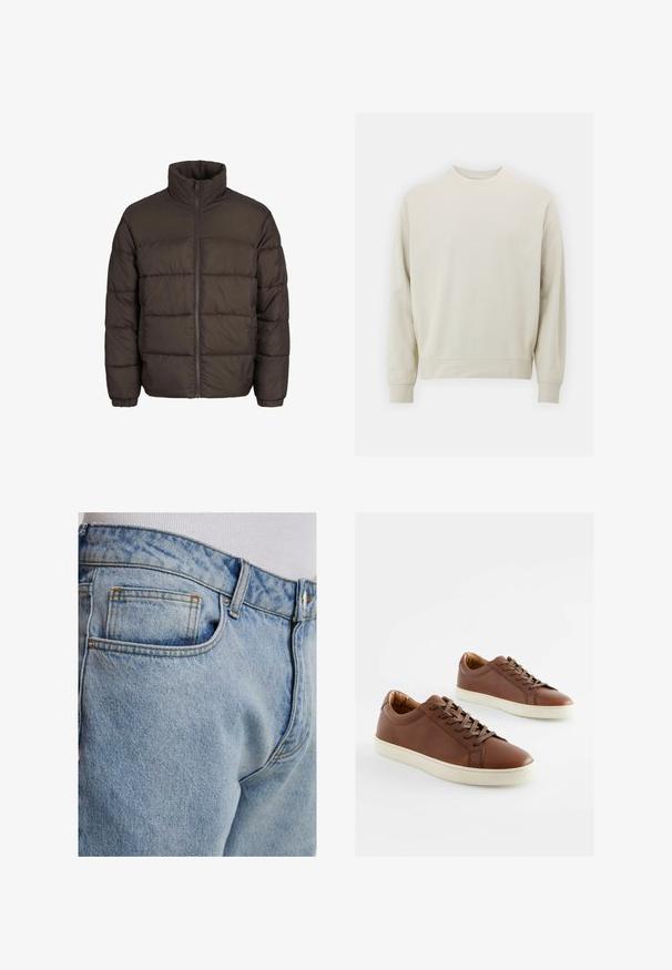 Pufasta jakna temno rjave barve z visokim ovratnikom, celotnim sprednjim zadrgo in šivi v obliki blazinic. Manšete imajo elastične trakove za boljše prileganje.; Svetlo bež sweatshirt iz mehkega blaga s krožnim izrezom, dolgimi rokavi ter rebrastimi manšetami in robom. Minimalističen dizajn, brez vidnih vzorcev.; Svijetloplave traperice klasičnog kroja, s stražnjim džepom, kontrastnim šavovima i glatkom teksturom.; Rjave usnjene superge z gladko teksturo, bele gumijaste podplate in usklajene rjave vezalke. Oblikovanje s zaobljenim koncem z minimalnimi šivi.