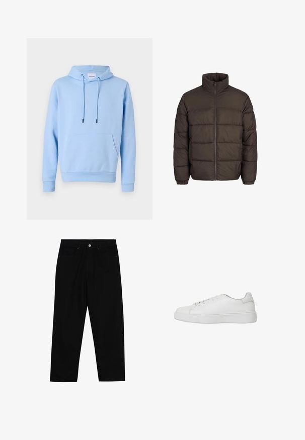 Puffjacka i mörkbrunt med hög krage, fullständig dragkedja fram och baffelsömnadsmönster. Ärmarna har elastiska band för en bra passform.; Ljusblå hoodie i mjukt material, med en framficka för känguruen, justerbara snörningar och ribbade mudd och nederkant.; Svarta denimbyxor med rak passform, femficksdesign och framknäppning. Slät textur med minimala sömdetaljer.; Vit sneaker i slätt läder med rundad tå, stickade detaljer och en platt gummisula. Minimalistisk design med snörning.