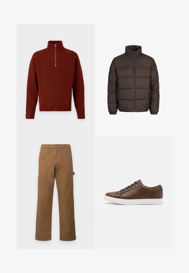 Pufjakas tumši brūnā krāsā ar augstu apkakli, pilnīgu priekšējo rāvējslēdzēju un bīdāmo šuvju rakstiem. Piedurkņu galos ir elastīgi ievilcēji, lai nodrošinātu labāku piegulšanu.; Jack & Jones JOROLLIE HALF ZIP - Džemperis - dark brown; Brūni kokvilnas kravas bikses ar taisnām kājām, ar sānu kabatām un metāla pogu aizdari jostasvietā. Gluda tekstūra un ikdienišķs dizains.; Brūni ādas sporta apavi ar noapaļotu purngalu, balta gumijas zole un pieci auklu caurumi. Satur diskrētu zīmolu uz papēža.