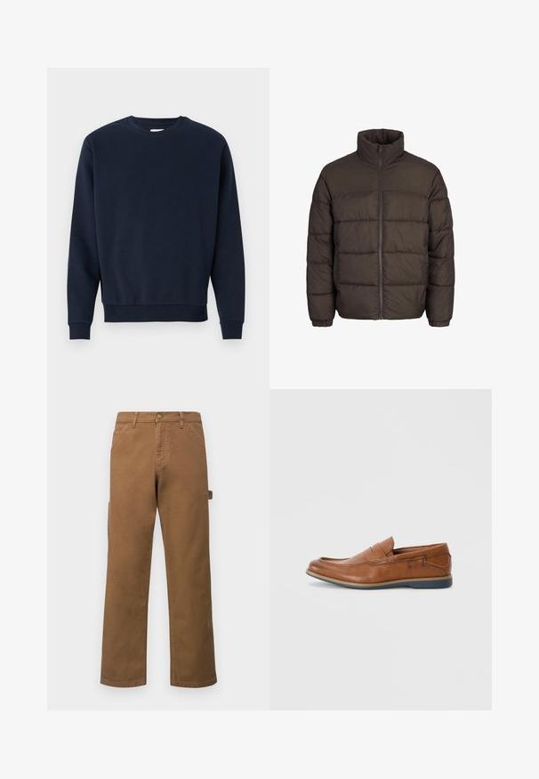 Tumes puffer jakk tumedas pruunis, kõrge kraega, täis esi-lukk ja õmmeldud mustrid. Varrukatel on sobivuse tagamiseks elastsed ribad.; Tumedast sinine puuvillane spordipluus, millel on ümar kaelus, pikad varrukad ning ribapitsiga krae ja alumine äär. Sile tekstuur, minimaalne disain, nähtamatud logod.; Pruunid puuvillased cargo-püksid sirgete jalgega, küljetaskute ja metallnööbiga vööl. Sile tekstuur ja lõdvestunud disain.; Prunadest nahkkingad ümmarguse varbaga, õmmeldud detailide ja madala kummitaldaga. Disain sisaldab riba üleval.