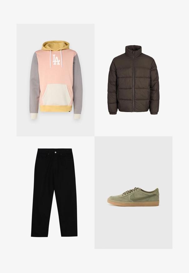 Chaqueta acolchada en marrón oscuro con un alto cuello, cremallera frontal completa y patrones de costura en cuadros. Los puños tienen bandas elásticas para un mejor ajuste.; Sudadera a bloques de color en rosa, amarillo y gris. Presenta un bolsillo frontal, capucha con cordón y un logo blanco en el pecho. Material de mezcla de algodón.; Pantalones de mezclilla negra con corte recto, diseño de cinco bolsillos y cierre frontal con botón. Textura suave con detalles de costura mínimos.; Zapatillas de ante verdes con suela de goma, punta redonda y diseño de cordones. Presenta el logo característico de Nike en un verde más oscuro.