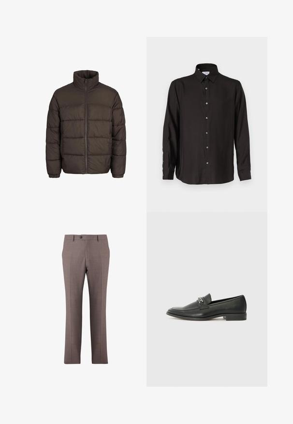 Pufasta jakna temno rjave barve z visokim ovratnikom, celotnim sprednjim zadrgo in šivi v obliki blazinic. Manšete imajo elastične trakove za boljše prileganje.; Črna dolga majica z dolgimi rokavi, izdelana iz gladkega materiala, z zapenjanjem na gumb, koničastim ovratnikom in zaobljenim robom z kontrastnimi gumbi.; Rjave krojene hlače z naprednim pregibom, gumbom za zapiranje, pasom in stranskimi žepi, prikazane na beli podlagi.; Črni usnjeni loafer z gladko površino, ki ima šivano zasnovo in dekorativni kovinski verižni naglas preko vampirja. Ravno peto.