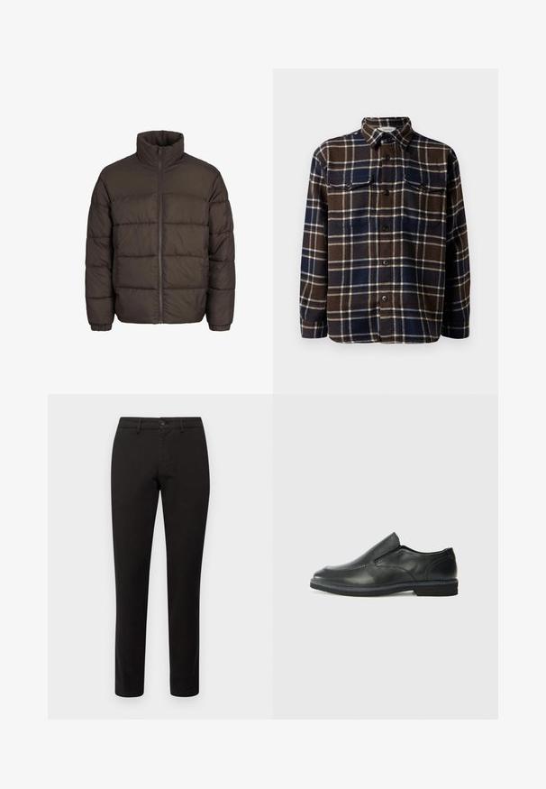 Světle hnědá puffer bunda s vysokým límcem, plným předním zipem a prošíváním v tvaru mřížky. Rukávy mají elastické manžety pro lepší přiléhavost.; Hnědo-námořnická kostkovaná flanelová košile s knoflíkovým zapínáním vpředu, dvěma náprsními kapsami a klasickým límcem. Měkká textura a střední hmotnost.; Černé chino kalhoty s úzkým střihem, vyrobené z bavlněné směsové tkaniny. Mají přední zapínání na knoflík a pět kapes. Hladká textura, minimální detaily.; Černá kožená nazouvací bota s hladkým svrškem, prošívanými detaily, zaoblenou špičkou a nízkým gumovým podpatkem. Podešev má minimální vzorek.