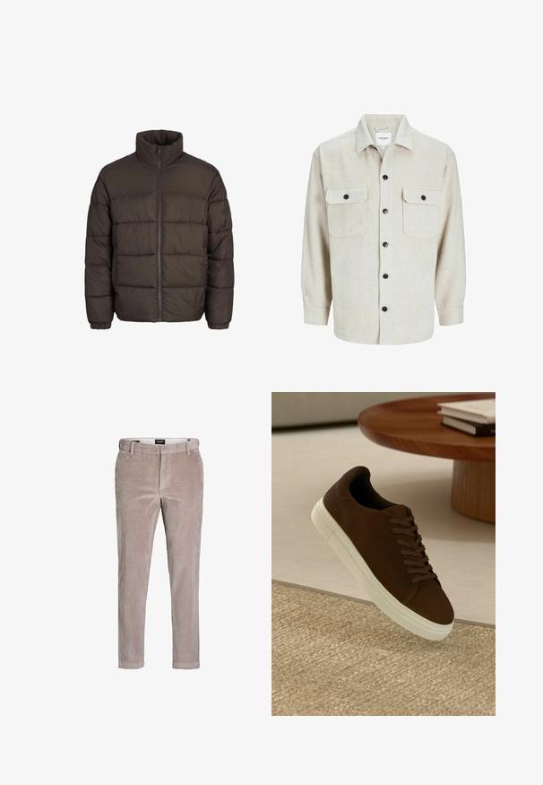 Puffer jacket in dark brown with a high collar, full front zipper, and baffle stitching patterns. Cuffs have elastic bands for fit.; Beige flannel shirt with a collared neckline, featuring two chest pockets, black buttons, and long sleeves with buttoned cuffs.; Light brown slim-fit corduroy trousers with button closure and belt loops, designed for casual or semi-formal wear.; Brown suede sneaker with flat laces and a white rubber sole, featuring a rounded toe and minimal design, set against a textured surface.