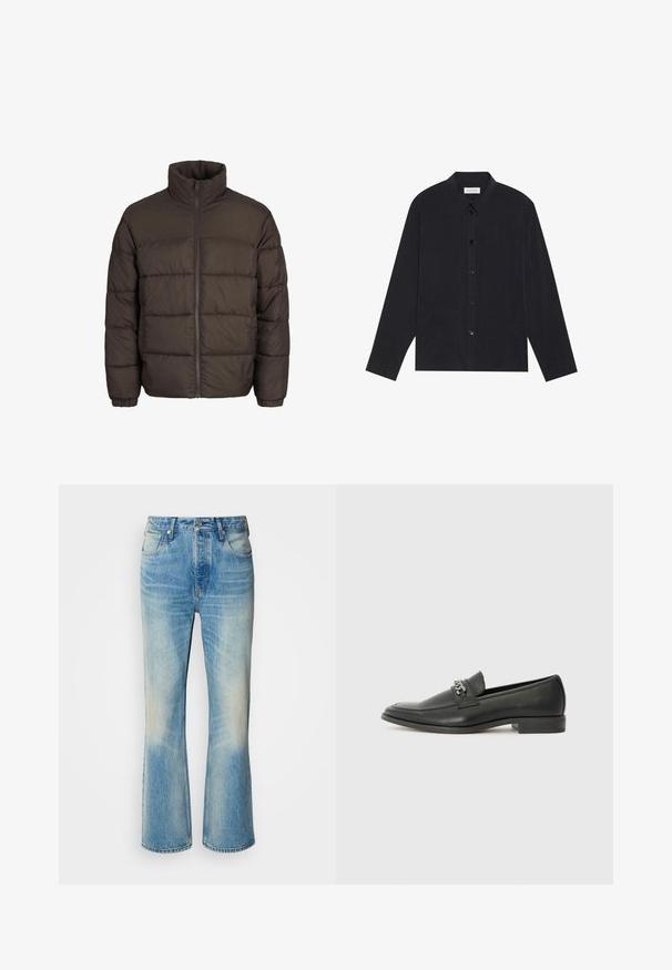 Dunkelbraune Pufferjacke mit hohem Kragen, durchgehendem Reißverschluss und Steppnähten. Die Bündchen haben elastische Bänder für den perfekten Sitz.; Schwarzes Langarmhemd mit Knopfverschluss, Kragen, zwei Vorderfächern und einer strukturierten Stoffoberfläche.; Hellblaue Denim-Jeans mit einem ausgestellten Bein-Design, das eine verblasste Optik aufweist, vordere Taschen und einen knopfverschluss an der Taille. Verstärkten Nähte sind sichtbar.; Schwarzer Lederloafer mit glatter Oberfläche, ausgestattet mit einer gesteppten Gestaltung und einem dekorativen Metallkettendetail über dem Vorderblatt. Flacher Absatz.