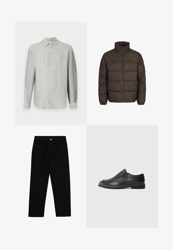 Jakna na napuhavanje tamnosmeđe boje s visokim ovratnikom, punim prednjim patentnim zatvaračem i uzorcima šivanja u baffle stilu. Manžetne imaju elastične trake za prilagodbu.; Svijetlozeleni prugasti sako dugih rukava od lana. Ima ovratnik, prednje kopčanje na gumbi i suptilne vertikalne pruge za teksturu.; Crne traper hlače s ravnim krojem, dizajnom s pet džepova i prednjim kopčanjem na dugme. Glatka tekstura s minimalnim detaljima šivanja.; Crne kožne cipele na sklapanje s glatkom gornjom površinom, prošivenim detaljima, zaobljenim vrhom i niskim gumene potplate. Potplat ima minimalne uzorke.
