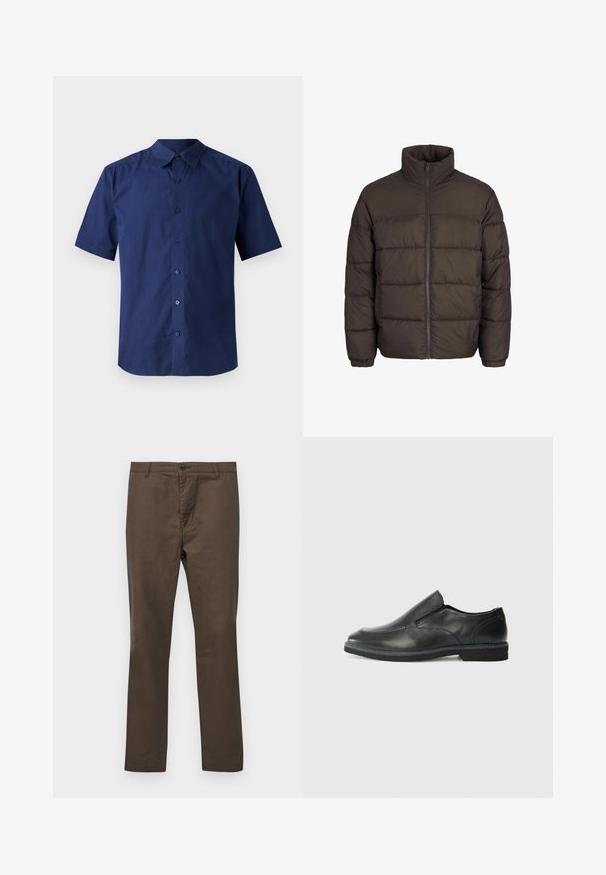 Tumes puffer jakk tumedas pruunis, kõrge kraega, täis esi-lukk ja õmmeldud mustrid. Varrukatel on sobivuse tagamiseks elastsed ribad.; Lühikeste varrukatega tumesinine puuvillane särk; omab nööbiga esiosa, tavalist kraed ja siledat struktuuri ilma mustriteta.; Pruuni puuvillased püksid sirge säärega, nööpide sulgemise ja vöökonksudega, sileda tekstuuriga ilma mustrite või aktsentideta.; Must musta laia suuga king, millel on sile ülemine osa, õmmeldud detailid, ümmargune nina ja madal kummist konts. Tallal on minimaalne mustr.