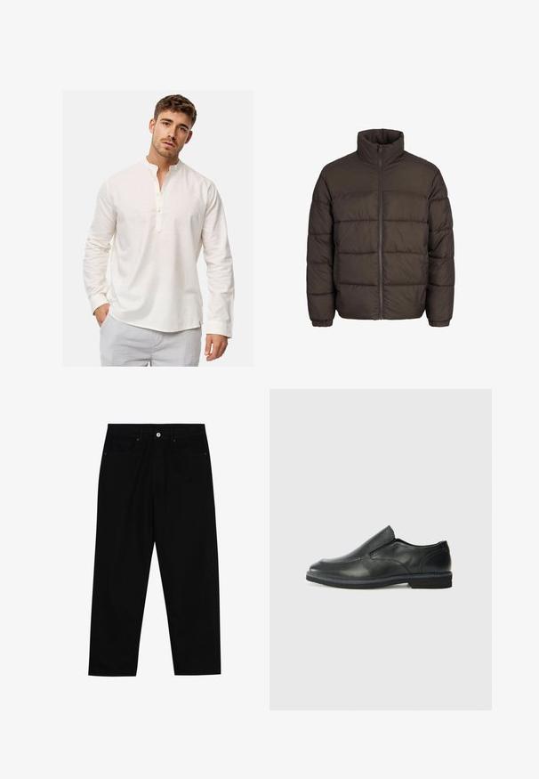 Veste matelassée marron foncé avec un col haut, fermeture éclair sur le devant et motifs de couture en boudin. Les poignets sont dotés de bandes élastiques pour un ajustement parfait.; Chemise en lin blanc à manches longues avec un col montant et une patte de boutonnage. Texture douce avec une coupe décontractée et un ourlet arrondi.; Pantalons en denim noir avec une coupe droite, un design à cinq poches et une fermeture à bouton à l'avant. Texture lisse avec des détails de couture minimaux.; Chaussure slip-on en cuir noir avec une tige lisse, des accents cousus, un bout arrondi et un petit talon en caoutchouc. La semelle présente un profil de traction minimal.