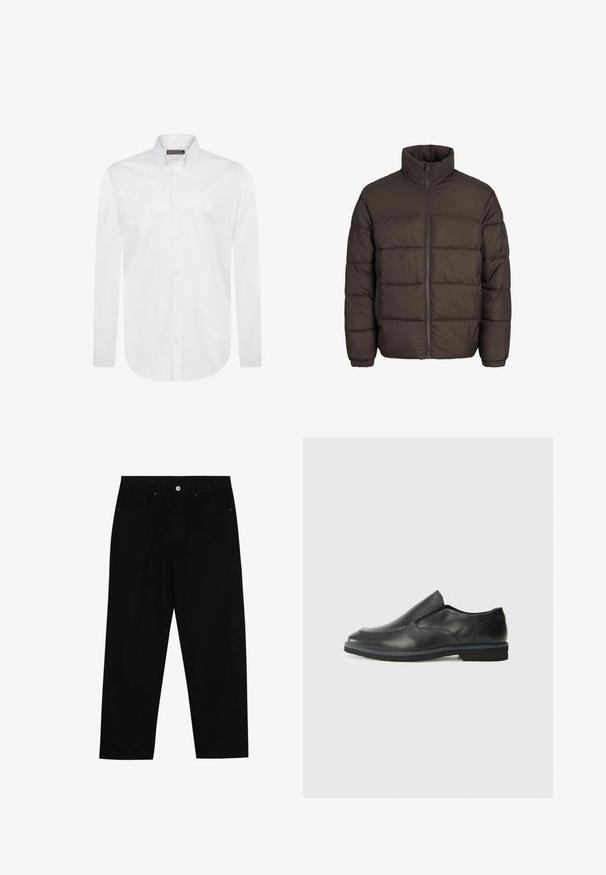 Chaqueta acolchada en marrón oscuro con un alto cuello, cremallera frontal completa y patrones de costura en cuadros. Los puños tienen bandas elásticas para un mejor ajuste.; Camisa blanca de manga larga hecha de algodón suave, con cuello abotonado, tapeta frontal y un pequeño logo bordado en el pecho.; Pantalones de mezclilla negra con corte recto, diseño de cinco bolsillos y cierre frontal con botón. Textura suave con detalles de costura mínimos.; Zapato negro de cuero sin cordones con un upper suave, detalles de costura, punta redonda y un bajo tacón de goma. La suela presenta una tracción mínima.