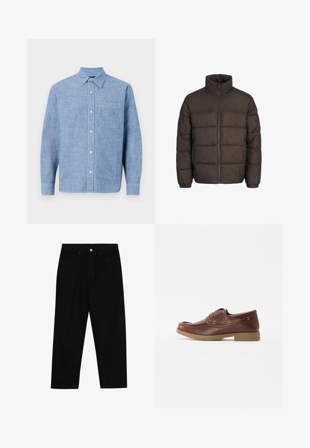 Dunkelbraune Pufferjacke mit hohem Kragen, durchgehendem Reißverschluss und Steppnähten. Die Bündchen haben elastische Bänder für den perfekten Sitz.; Hellblaue, langärmlige Herrenbluse aus strukturiertem Stoff. Verfügt über einen Kragen, eine Brusttasche und eine Knopfleiste auf der Vorderseite.; Schwarze Jeans mit geradem Schnitt, Fünf-Taschen-Design und einem vorderen Knopfverschluss. Glatte Textur mit minimalen Nähten.; Braune Lederbootsschuhe mit abgerundetem Zehenbereich, strukturiertem Boden, goldenen Ösen und einer Steppnaht entlang des Obermaterials für ein klassisches Design.