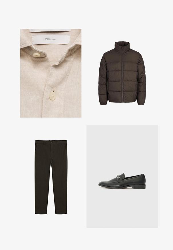 Kurtka puchowa w ciemnym brązie z wysokim kołnierzem, pełnym zamkiem z przodu i wzorami przeszycia typu baffle. Rękawy mają elastyczne mankiety dla lepszego dopasowania.; Beżowa lniana koszula o miękkiej fakturze, z kołnierzykiem oraz dwiema guzikami z kremowego plastiku. Metka pielęgnacyjna informuje: "100% len".; Ciemnobrązowe, tkane spodnie o prostym kroju, z przednimi kieszeniami i zapięciem na guzik w pasie. Gładka tekstura.; Czarne skórzane mokasyny o gładkim wykończeniu, z haftowanym wzorem i dekoracyjnym akcentem z metalowego łańcucha na wierzchu. Płaska pięta.