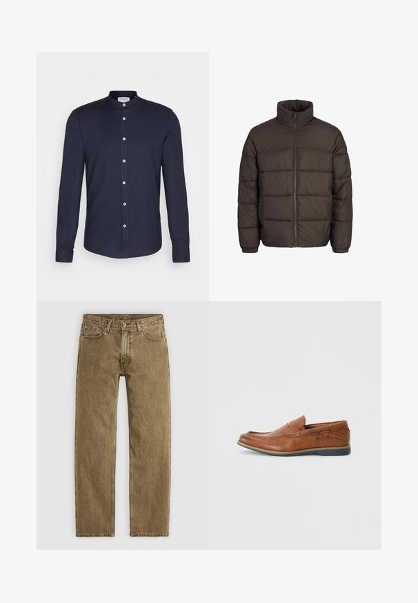 Pufasta jakna temno rjave barve z visokim ovratnikom, celotnim sprednjim zadrgo in šivi v obliki blazinic. Manšete imajo elastične trakove za boljše prileganje.; Temno modra srajca z dolgimi rokavi z ovratnikom, zapiranjem na gumb in manšetami z dvema gumboma. Narejena iz gladkega, teksturiranega materiala.; Svetlo rjave jeans hlače s ravnim krojem, zasnovo s petimi žepi in kovinsko opremo v bakreni barvi. Teksturovan material s vidnimi šivi.; Rjavi usnjeni loafers s okroglo konico, šivi na površini in nizkim gumijastim podplatom. Oblikovanje vključuje pas čez zgornji del.