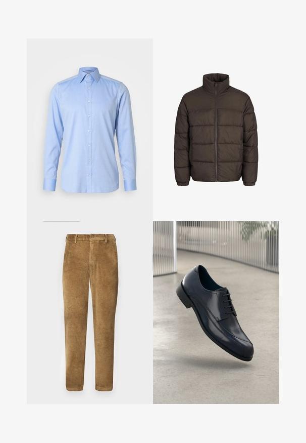 Donkerbruine pufferjack met hoge kraag, volledige ritssluiting aan de voorkant en baffle-stiksels. De manchetten hebben elastische banden voor een goede pasvorm.; Lichtblauwe overhemd met knopen in een gladde stof, met een klassieke kraag, lange mouwen en vijf knopen aan de voorkant met bijpassende manchetten.; Bruine corduroybroek met verticale ribbeltextuur, rechte snit, knoopsluiting en riemlussen. Gladde stof met een zachte afwerking.; Glanzende zwarte leren schoenen met veters, zwevend boven een glad, lichtgrijze vloer en verticale metalen stangen op de achtergrond.