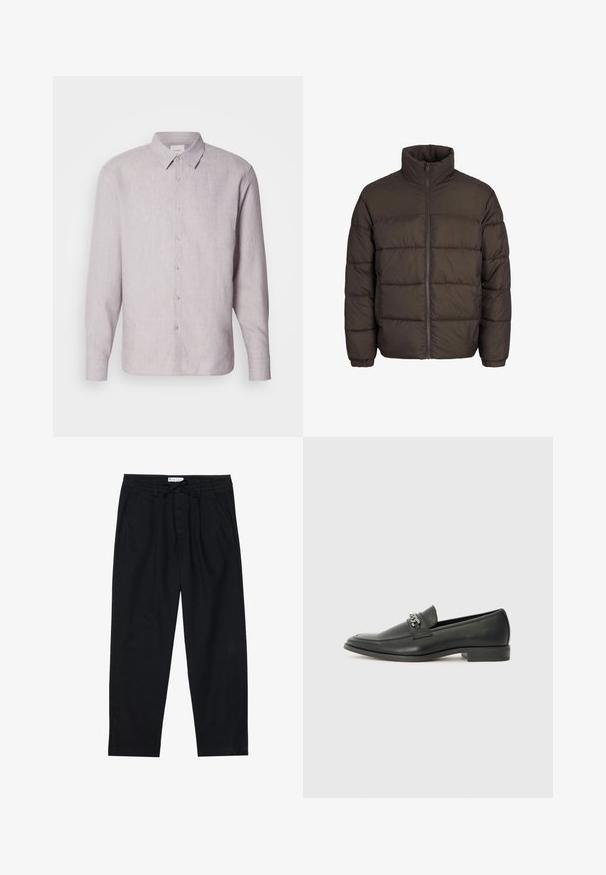 Puffjacka i mörkbrunt med hög krage, fullständig dragkedja fram och baffelsömnadsmönster. Ärmarna har elastiska band för en bra passform.; Ljusgrå linneskjorta med krage, långa ärmar och knäppning framtill. Har en subtil textur och pärlemorknappar längs placket.; Pier One Chinos - black; Svart läderloafers med en slät yta, med en sydd design och en dekorativ metallkedjeaccent över västen. Platt häldesign.