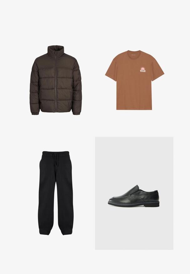 Veste matelassée marron foncé avec un col haut, fermeture éclair sur le devant et motifs de couture en boudin. Les poignets sont dotés de bandes élastiques pour un ajustement parfait.; T-shirt marron à manches courtes en coton, avec un graphique de soleil rose et le texte "SOLAR" sur la poitrine gauche. Design à col rond.; Pantalons de survêtement noirs avec une taille élastique, un cordon de serrage et des poches latérales. Fabriqués en tissu doux avec une coupe décontractée et des chevilles resserrées.; Chaussure slip-on en cuir noir avec une tige lisse, des accents cousus, un bout arrondi et un petit talon en caoutchouc. La semelle présente un profil de traction minimal.