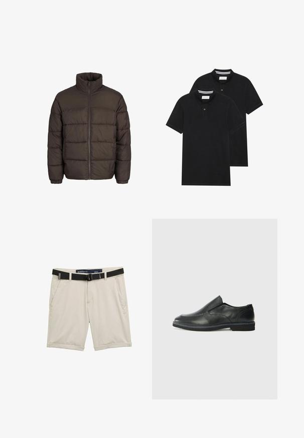 Jakna na napuhavanje tamnosmeđe boje s visokim ovratnikom, punim prednjim patentnim zatvaračem i uzorcima šivanja u baffle stilu. Manžetne imaju elastične trake za prilagodbu.; Dva crna polo majice, kratki rukavi, pamučni materijal, sa klasičnom ovratnikom, čepom sa dva gumba i bijelim prugastim detaljima unutar ovratnika.; Bež kratke hlače s crnim podesivim remenom. Izrađene od lagane tkanine, s bočnim džepovima i prevrnutim rubovima za ležeran izgled. Veličina M.; Crne kožne cipele na sklapanje s glatkom gornjom površinom, prošivenim detaljima, zaobljenim vrhom i niskim gumene potplate. Potplat ima minimalne uzorke.