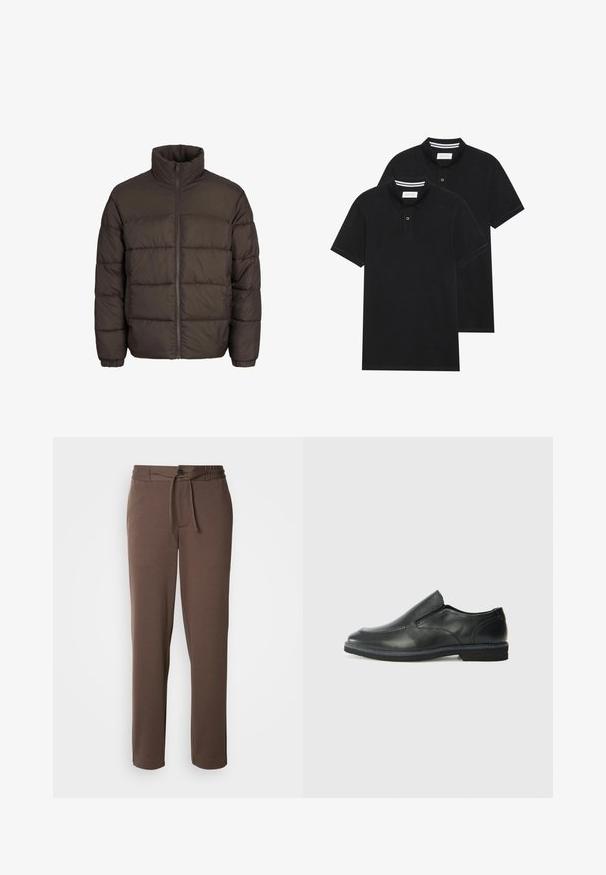 Sötétbarna puffermellény magas gallérral, teljes elülső cipzárral és varrásmintás betétekkel. Az ujjak rugalmas szalagokkal vannak ellátva a megfelelő illeszkedés érdekében.; Két fekete pólóing, rövid ujjú, pamut anyagból készült, klasszikus gallérral, két gombos gombolással, és fehér csíkos díszítéssel a gallér belső részén.; Barna, puha anyagból készült melegítőnadrág, amely rajta húzható derékkal, gombos záródással és egyenes lábakkal rendelkezik, látható minták vagy díszítések nélkül.; Fekete bőr, slip-on cipő sima felsőrésszel, varrott díszítéssel, lekerekített orral és alacsony gumitalppal. A talpa minimális bordázattal rendelkezik.