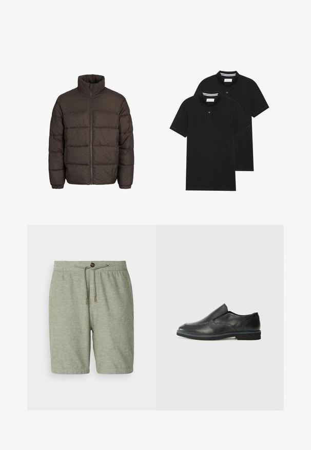 Tumes puffer jakk tumedas pruunis, kõrge kraega, täis esi-lukk ja õmmeldud mustrid. Varrukatel on sobivuse tagamiseks elastsed ribad.; Kaks musta polo särki, lühikeste varrukatega, puuvillane materjal, klassikalise kraega, kahe nupuga kinnitusega, valgete triipudega krae sisepinnal.; Heledad rohelised lühikesed püksid tekstureeritud kangast, millel on elastne vöökoht, kummipael ja üks nööbiga kinnitustäht.; Must musta laia suuga king, millel on sile ülemine osa, õmmeldud detailid, ümmargune nina ja madal kummist konts. Tallal on minimaalne mustr.