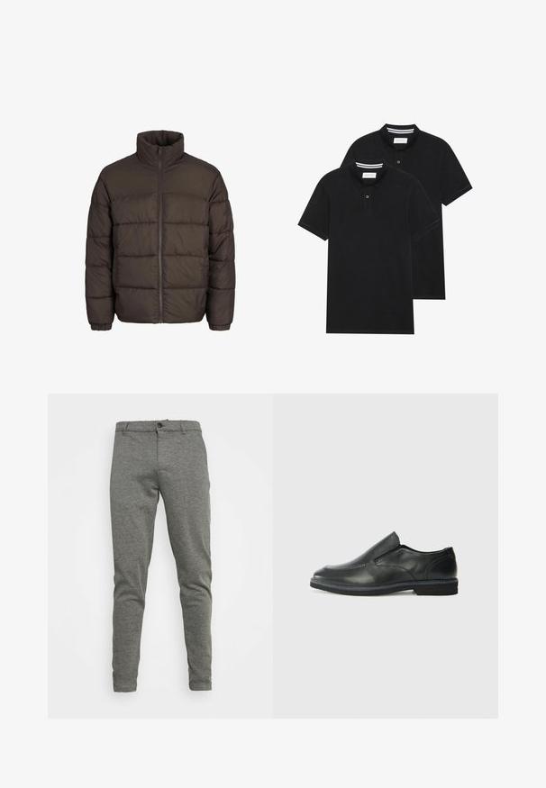 Pufferjakke i mørkebrun med høj krave, fuld frontlynlås og baffle-syninger. Mansjetterne har elastiske bånd for pasform.; To sorte polo T-shirts, kortærmede, lavet af bomuldsstof, med en klassisk krave, to-knaps placket og hvide stribede detaljer indeni kraven.; Grå bomuldsblandingsbukser med slim fit, knaplukning og diskret tekstur. Glat stof uden synlige mønstre eller accenter.; Sorte læder slip-on sko med en glat overdel, syede detaljer, rund tå og en lav gummihæl. Sålen har minimal profil.