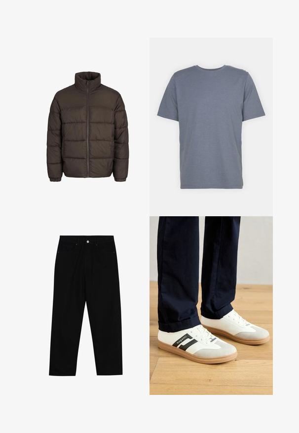 Donkerbruine pufferjack met hoge kraag, volledige ritssluiting aan de voorkant en baffle-stiksels. De manchetten hebben elastische banden voor een goede pasvorm.; Grijze T-shirt met korte mouwen en een ronde hals, gemaakt van een zachte katoenmix. Eenvoudig ontwerp, zonder patronen of accenten.; Zwarte denim broek met een recht gesneden pasvorm, vijf gebruikersvriendelijke zakken en een sluiting met een knoop aan de voorkant. Soepele textuur met minimale stikdetails.; Witte en grijze sneakers met zwarte strepen, gemaakt van leer, met een rubberen zool en platte veters. Draagt ze met marineblauwe broek op een houten vloer.
